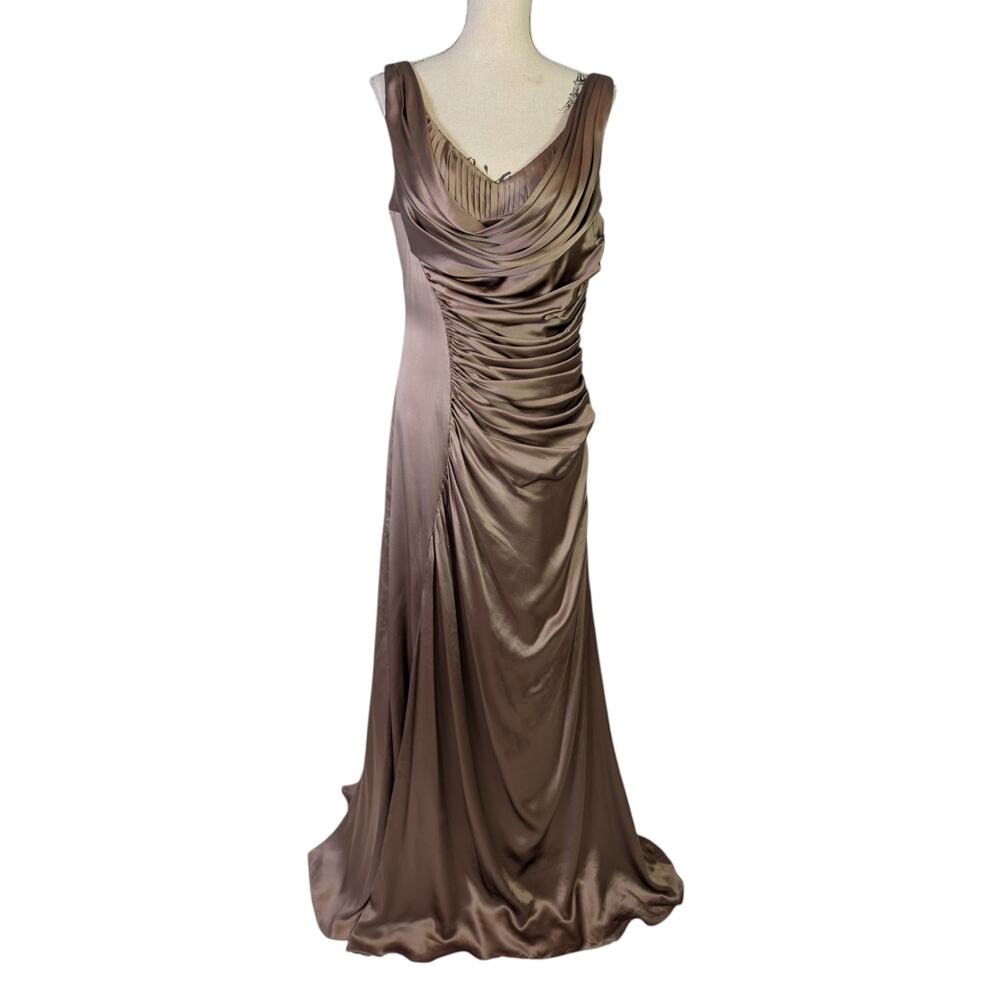 Velesca Silk Gown Brown Chestnut Draped Cowl Neck Formal Maxi Dress 12
